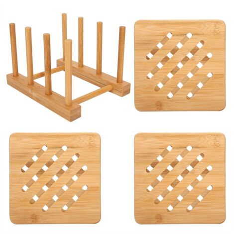 Bamboo Multifunctional Bowl Dish Draining Rack with Table Mat Insulation Pad Kit Kitchen ToolSquare Shape Mat (1/5)