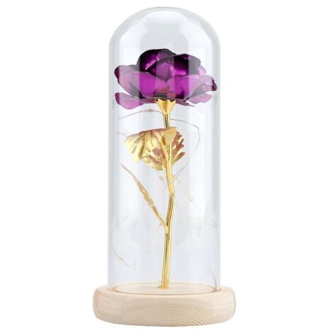Preserved Rose Flower LED Light with Glass Cover Wooden Base Valentines'Day Wedding Purple (1/5)