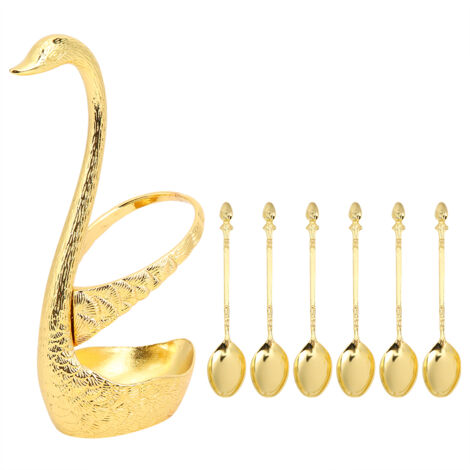 Zinc Alloy Swan Shaped Bracket Fruit Dessert Spoons Set Kitchen Tableware Wedding Supplies(Gold 6 Spoons )