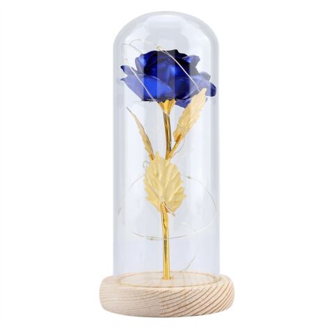 Preserved Rose Flower LED Light with Glass Cover Wooden Base Valentines'Day Wedding Blue (1/5)