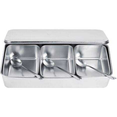Household 3‑Grid Stainless Steel Seasoning Box Jar Spice Container Set with Spoons Cover (1/5)