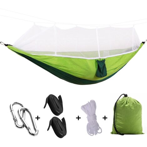 260x140cm Lightweight Outdoor Mosquito Net Hammock Rollover Prevention Camping Hammock SwingYellowish Green and Blackish Green (White Net) (1/5)