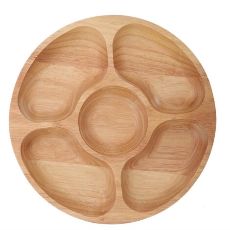Wooden Round Shape Food Divided Plate Dessert Snack Sub grid Dish Tableware Tray (25cm) (1/5)