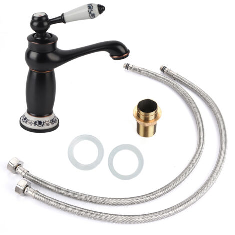 Floral Pattern Single Handle Mixer Tap Cold/Hot Water Faucet for Bathroom Basin Sink (Black) (1/5)