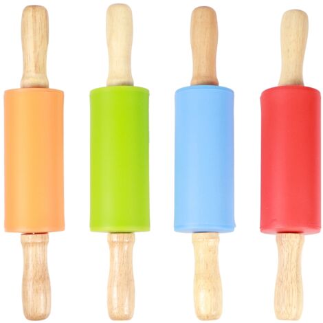 4PCS Mini Rolling Pin Wooden Handle Non Stick Silicone Rolling Pins for Home Kitchen Children Baking Tool (1/5)