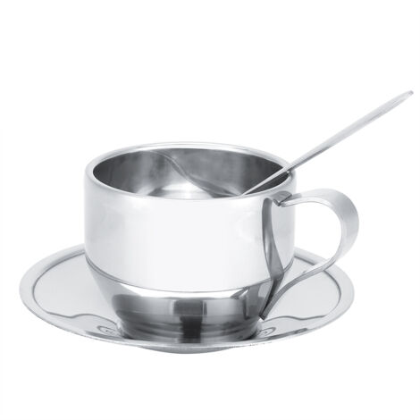 Stainless Steel Insulated Coffee Cup Double Wall Tea Milk Mug with Saucer Spoon Set Tableware (1/5)