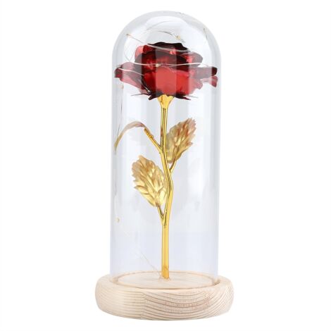 Preserved Rose Flower LED Light with Glass Cover Wooden Base Valentines'Day Wedding Red (1/5)