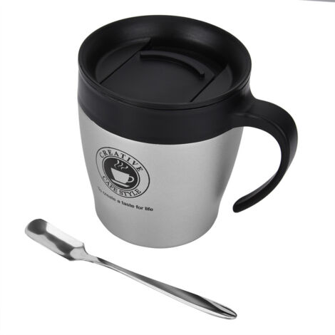 Stainless Steel Insulated Coffee Mug Water Cup with Spoon and Lid for Office Travel(Silver) (1/5)