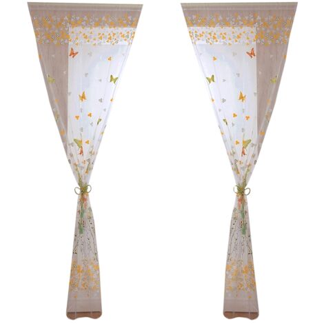 100 x 200 cm Butterfly Print Sheer Vintage Embroidery Voile Window Panels Yellow & Green (1/5)