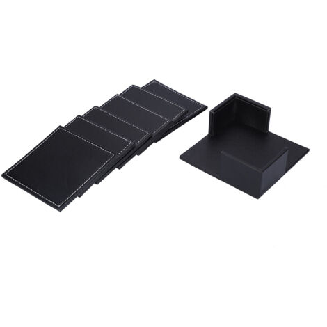 PU Leather Drink Coasters with Holder Set of 6 Coasters for Table Protection Black Square (1/5)