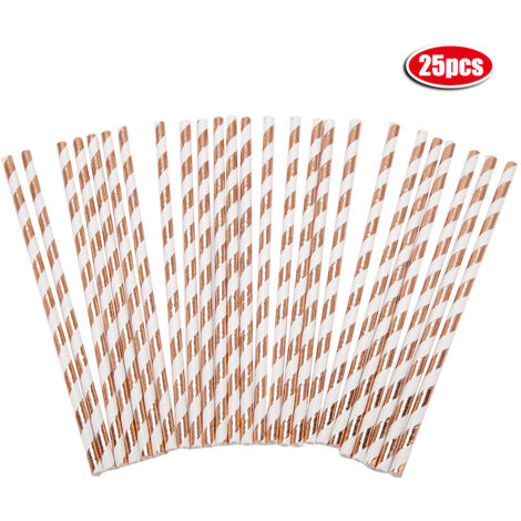 Rose Gold Striped Paper Cups Straws Disposable Tableware Supplies for Birthday Party Decor(1) (1/5)