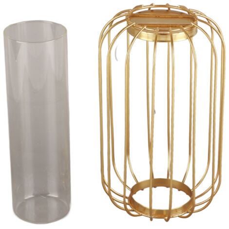 Nordic Lantern Shaped Wrought Iron Vase Glass Iron Tabletop Flower Vase(Champagne Gold)