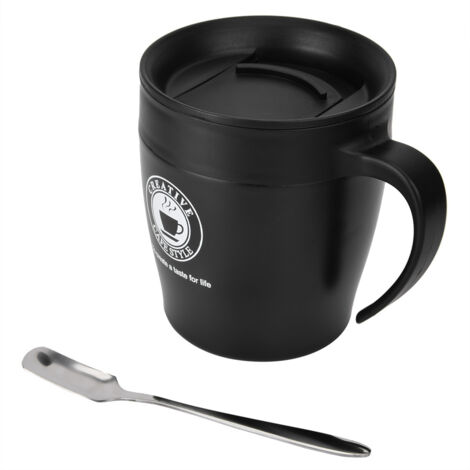 Stainless Steel Insulated Coffee Mug Water Cup with Spoon and Lid for Office Travel(Black) (1/5)