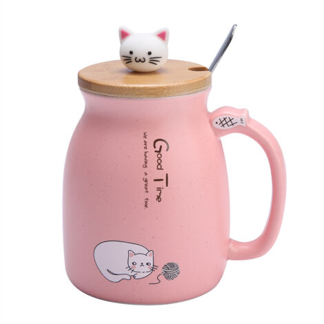 1Pc Lovely Cat Ceramic Cup with Spoon and Lid Coffee Water Milk Mug for Drinkware Gift(Pink) (1/5)