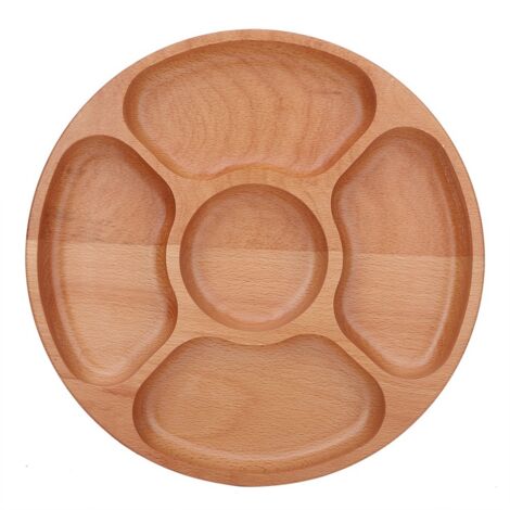 Wooden Round Shape Food Divided Plate Dessert Snack Sub grid Dish Tableware Tray (30cm) (1/5)