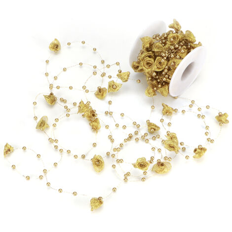 10M Imitation Pearl Beads Chains Ribbon Rose Flower Thread Beaded Line Clothing Accessories DIY Material Headwear DecorGold (1/5)