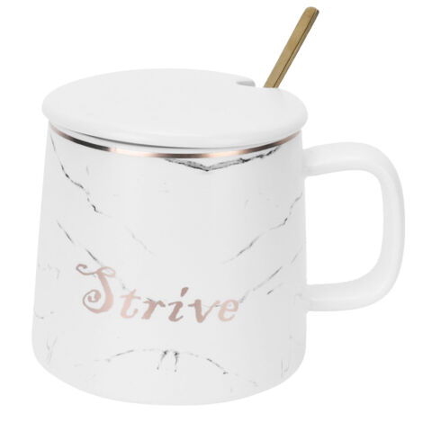 Marble Pattern Mug Originality Ceramic Cup with Spoon and Lid for Home Travel Office OutdoorWhite (1/5)