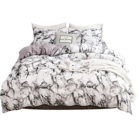 3Pcs Set Polyester Marbled Quilt Cover Pillowcase Bedding Set EU Double Size (White)