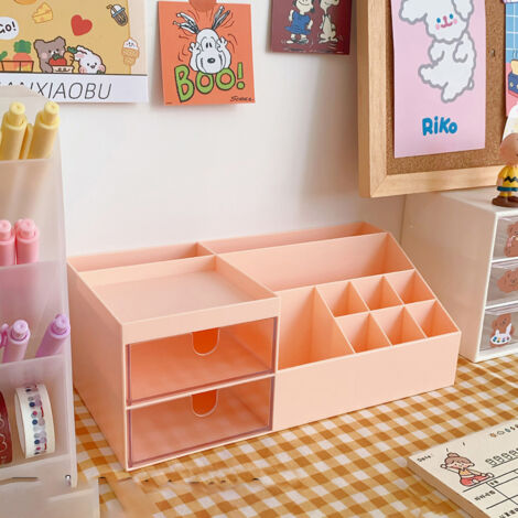 Desktop Storage Box Multi Grid Design Cute Beautiful Desktop Organizer Storage Box for Stationery Pens Pink (1/5)
