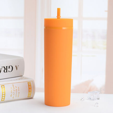 Straw Cup Colorful Plastic Simple Style Comfortable Hand Feeling Large Capacity Drinking Straw Bottle Orange 16oz (1/5)