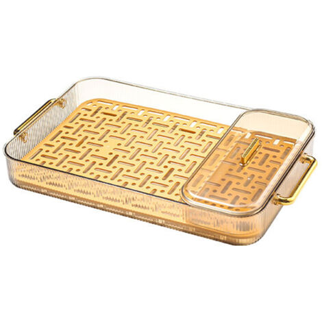 Double Layer Water Drainage Tea Tray with 2 Handle Decorative Fashionable Water Drainage Tea Serving Tray Gold with Storage Box (1/5)