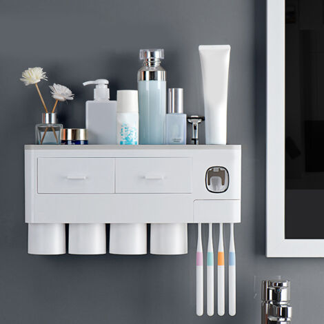 Toothbrush Storage Rack Inverted Magnetic Adsorption Toothbrush Holder Toothpaste Squeezer 4 Grey Cups (1/5)