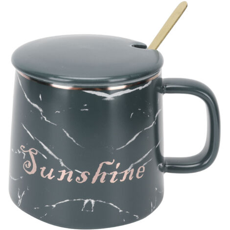 Marble Pattern Mug Originality Ceramic Cup with Spoon and Lid for Home Travel Office OutdoorGreen (1/5)