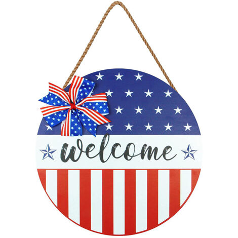 4th of July Wooden Hanging Sign Independence Day Wreath with Red White and Blue American Flag Decor Patriotic Wreath for Front Door (1/5)