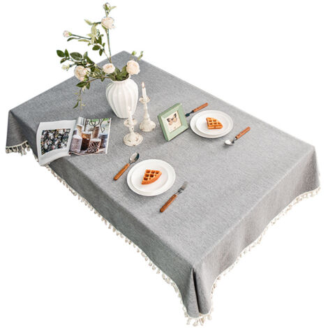 Tassel Tablecloth Waterproof Oilproof Cotton Linen Decorative Dining Table Cloth Rectangular Gray (1/5)