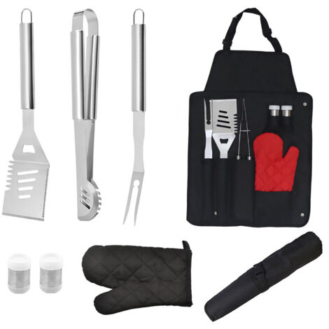 8PCS Barbecue Tools Set Stainless Steel with Storage Bag Apron Grilling Accessories for Outdoor Indoor Party Camping Black Gloves (1/5)