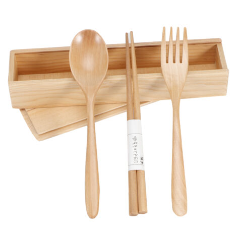 Portable Tableware Box Wooden Chopsticks Fork Spoon Cutlery Set for Home Travelling Use