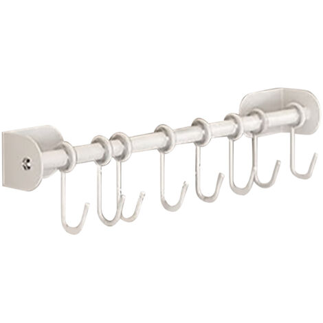 Kitchen Utensil Rack 201 Stainless Steel Wall Mounted Adhesive Hanging Rail with 8 Hooks for Spatula Spoon Pots and Pans Organization White 40cm Single Bar (1/5)