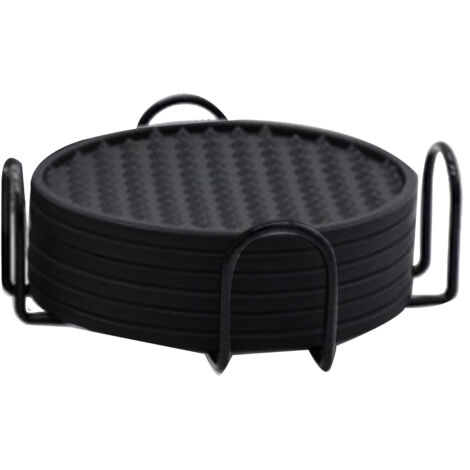 6Pcs Silicone Coaster Set Heat Resistant Prevent Slip Flexible Round Silicone Drink Coaster with Holder for Home Kitchen Black (1/5)