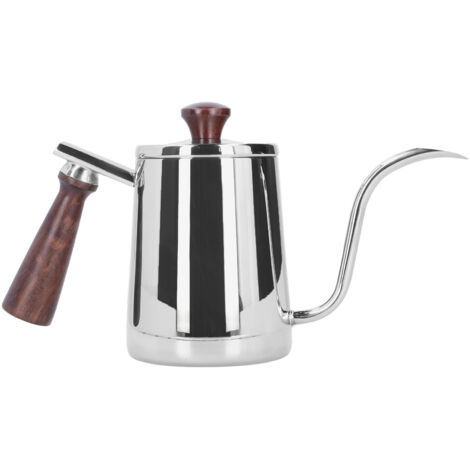 Portable Stainless Steel Coffee Pot with Wooden Handle Long Gooseneck Spout Cafe KettleSilver 700ml (1/5)