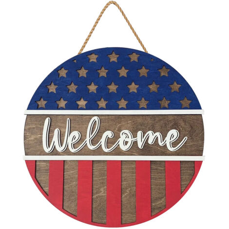 4th of July Patriotic Welcome Sign Wooden Hanging Sign for Front Door Independence Day Door Hanger for Home Porch Party Farmhouse (1/5)
