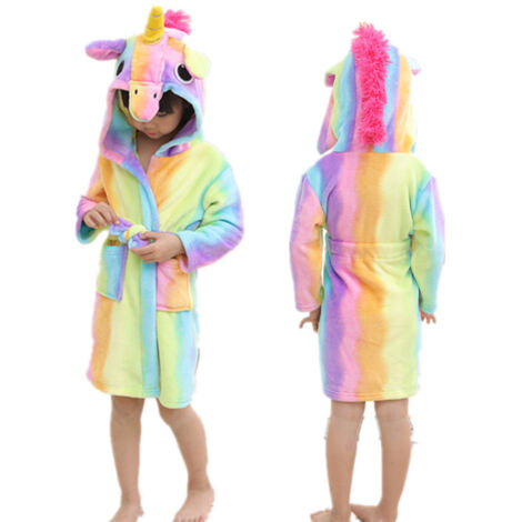 Children's Bathrobe Flannel Robe Long Sleeve Parent Child Outfit Sleepwear Cute Cartoon Animal Patterns Rainbow Pegasus 43.31in