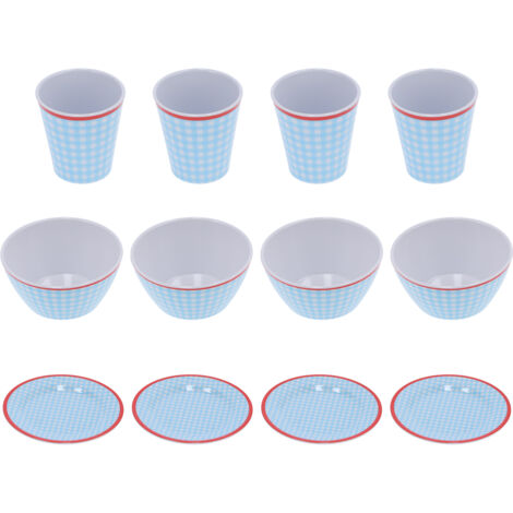 12Pcs/Set Household Dinnerware Light Blue Grid Cup Bowl Plate for Home Kitchen Restaurant (1/5)