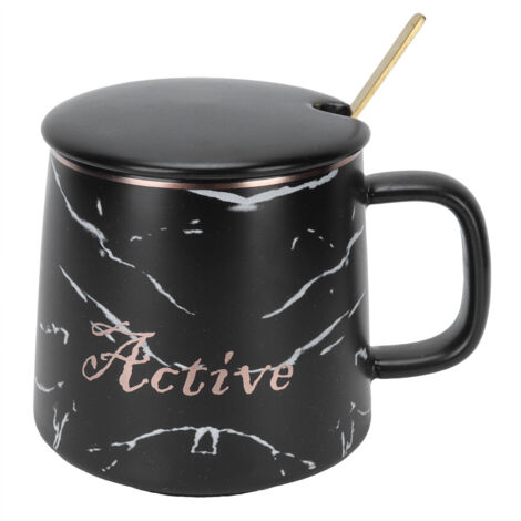 Marble Pattern Mug Originality Ceramic Cup with Spoon and Lid for Home Travel Office OutdoorBlack (1/5)