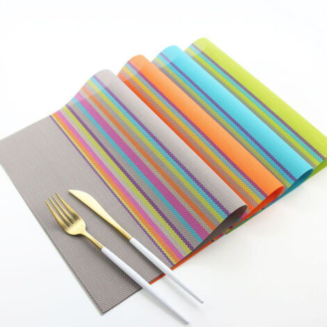 6pcs Placemats PVC Non Slip Washable Heat Resistant Rainbow Stripe Dining Table Place Mats for Kitchen Tableware Random Color (1/5)