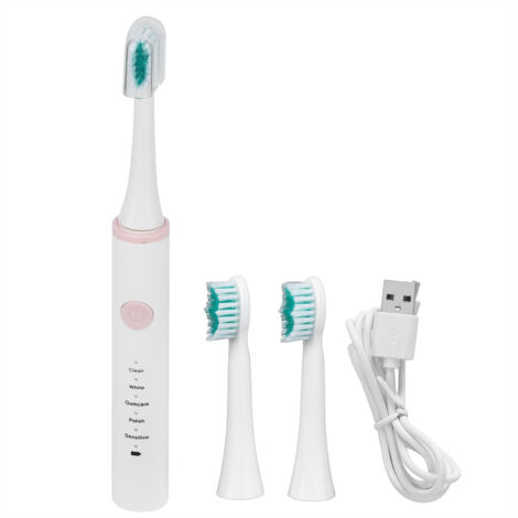 USB Charging Waterproof Electric Toothbrush Intelligent 5 Modes Ultrasonic Vibrating Soft BristleWhite