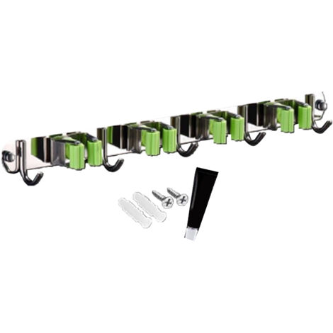 Punch Free Wall Mount Mop Broom Holder 4 Clips 5 Hooks Stainless Steel Mop Broom Holder Green (1/5)