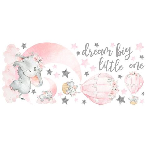 Elephant Wall Stickers Pink Moon Star Hot Air Balloon Decals Animals Vinyl Art Decal for Kids Nursery Bedroom Home Decor (1/5)