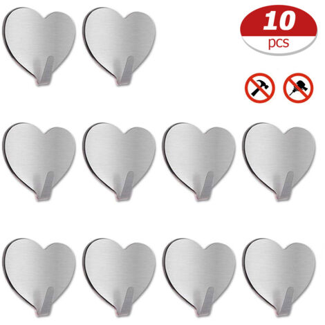 10pcs Heart Shape Adhesive Hooks Seamless Sticky Hooks Stainless Steel Hooks for Hanging Keys Towels Coat Bathroom Kitchen Hooks (1/5)