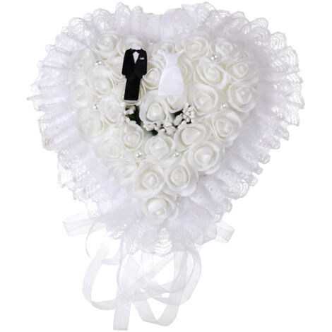 Elegant White Heart Shape Wedding Groom Bride Ring Pillow Cushion Holder BoxWhite (1/5)