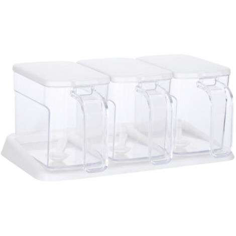 Seasoning Box Set Plastic Clear 3 Grids Large Capacity Condiment Box with Spoons for Kitchen White (1/5)