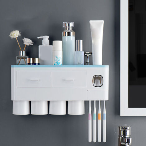Toothbrush Storage Rack Inverted Magnetic Adsorption Toothbrush Holder Toothpaste Squeezer 4 Blue Cups (1/5)
