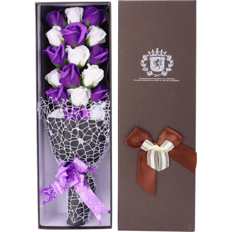 Soap Flower Innovative Artificial Rose Bouquet Gift Wedding Valentine's Day Festive GiftPurple and White + Box (1/5)