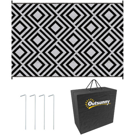 Reversible Outdoor Rug, Plastic Straw Mat w/ Carry Bag Ground Stakes for Garden RV Picnic Beach Camping 182x274cm Black (1/5)
