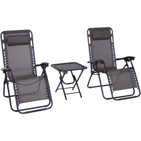 Outsunny Folding Zero Gravity Chairs, 3 Pieces Adjustable Sun Lounger and Table Set with Cup Holder and Headrest, Patio Bistro Set with Reclining Garden Chairs for Outdoor, Dark Grey (1/5)