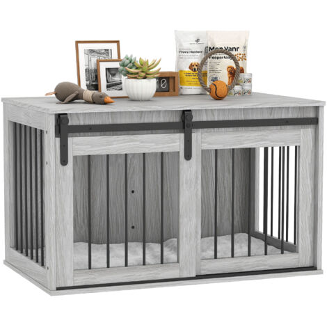 98cm Dog Crate Furniture with Removable Cushion for Large Dogs - Grey (1/5)